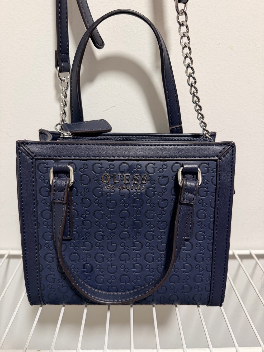 GUESS Navy Blue Embossed Logo Satchel Crossbody Handbag